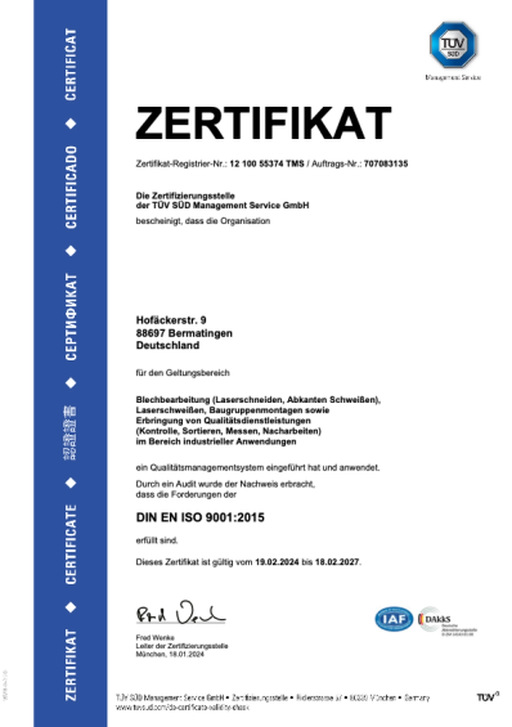 Phoenix Industry Solutions - Blechbearbeitung & Laserschweißen - Zertifikat